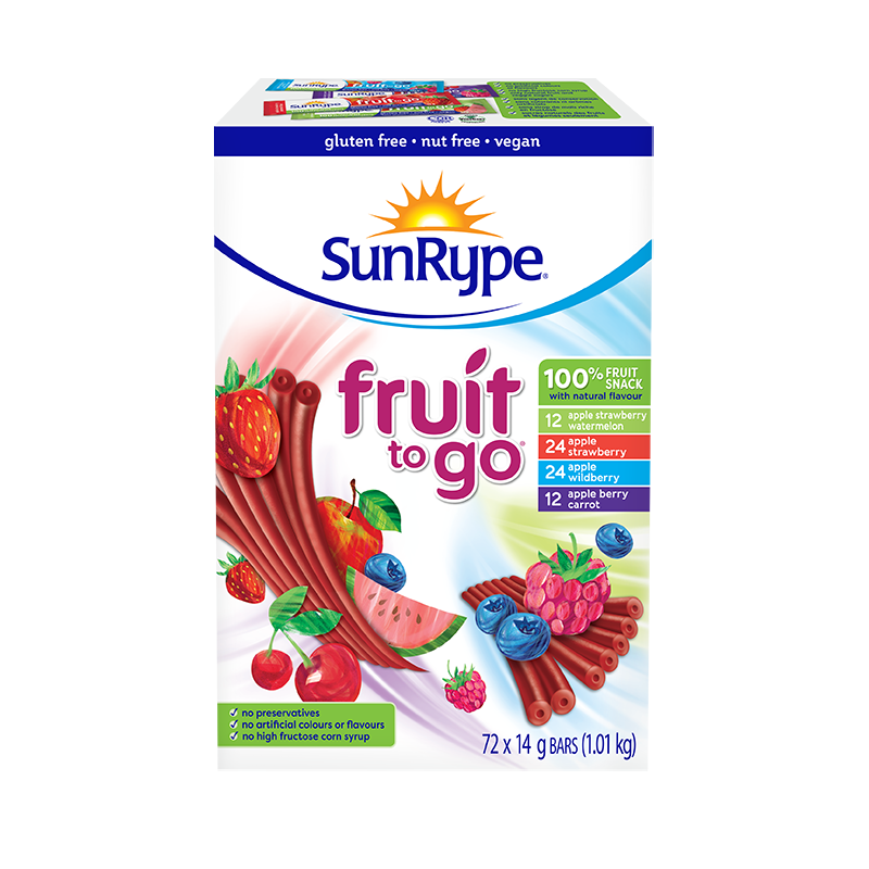 SunRype Fruit to Go VARIETY PACK (BERRY CARROT/STRAWBERRY WATERMELON/STRAWBERRY/WILDBERRY) Carton 72 X 14g