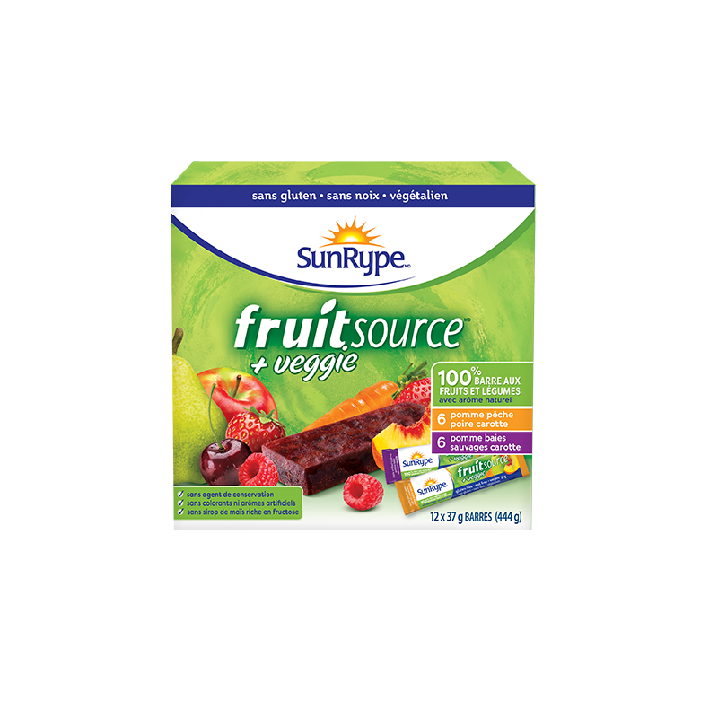 SunRype Fruitsource SAVEURS ASSORTIES (PÊCHE POIRE CAROTTE/BAIES SAUVAGES CAROTTE) Carton 12 X 37g