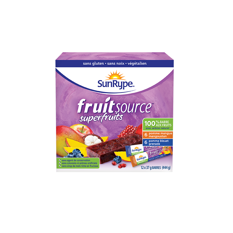 SunRype Fruitsource SAVEURS ASSORTIES (MANGUE MANGOUSTAN/BLEUET GRENADE) Carton 12 X 37g