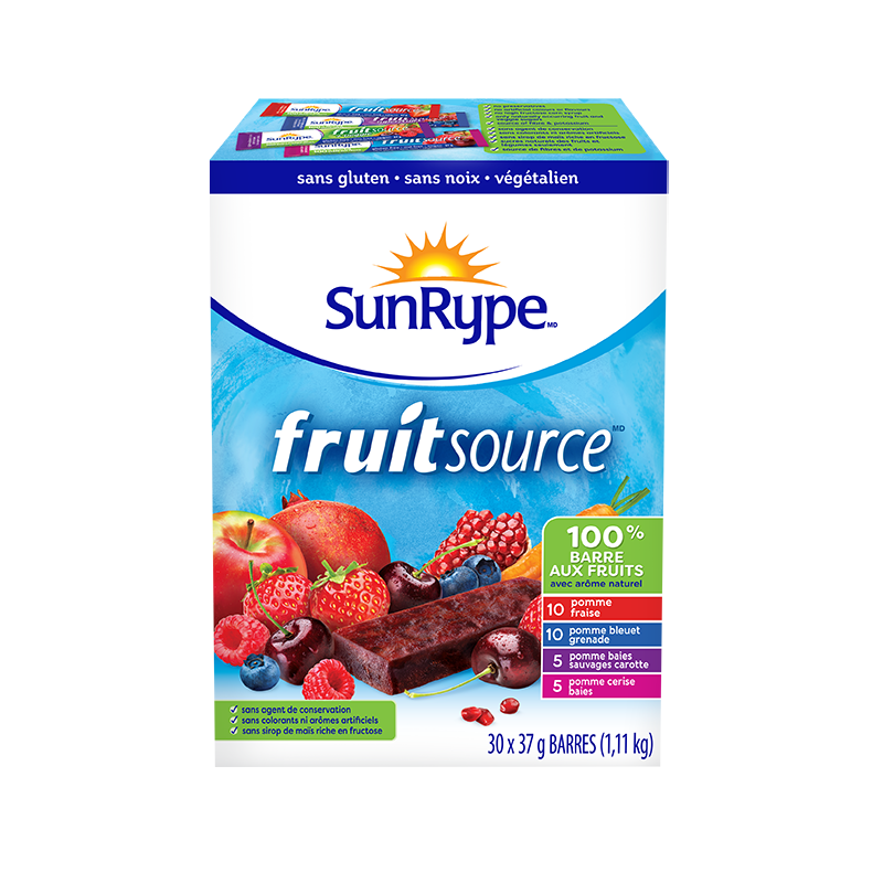 SunRype Fruitsource SAVEURS ASSORTIES (FRAISE/CERISE BAIES/BAIES SAUVAGES CAROTTE/BLEUETS GRENADE) Carton 30 X 37g